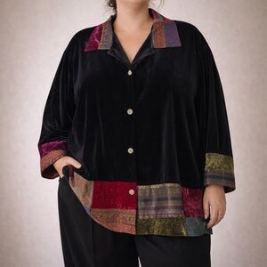 Vintage Velvet Patchwork Cardigan Blazer Black Red Whimsigoth Romantic Size 3X